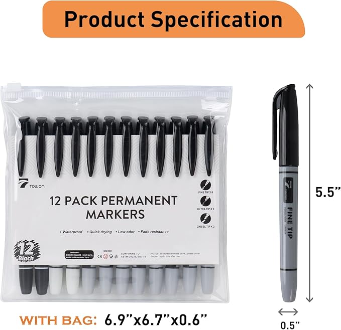 12 Black Permanent Markers with Bag - Waterproof Quick Drying Pens Set 8 Fine Tip, 2 Ultra Fine, 2 Chisel Tip Office Home School Supplies for Adults Writing Doodling Marking