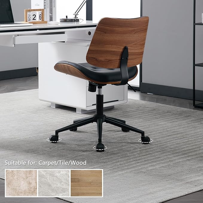 Armless Home Office Chair with Wheels, PU Leather Adjustable Height Computer Desk Chair, 360 Swivel Small No Arms Chair, Modern Button Walnut Style for Office, Reading Meeting Room(Black)