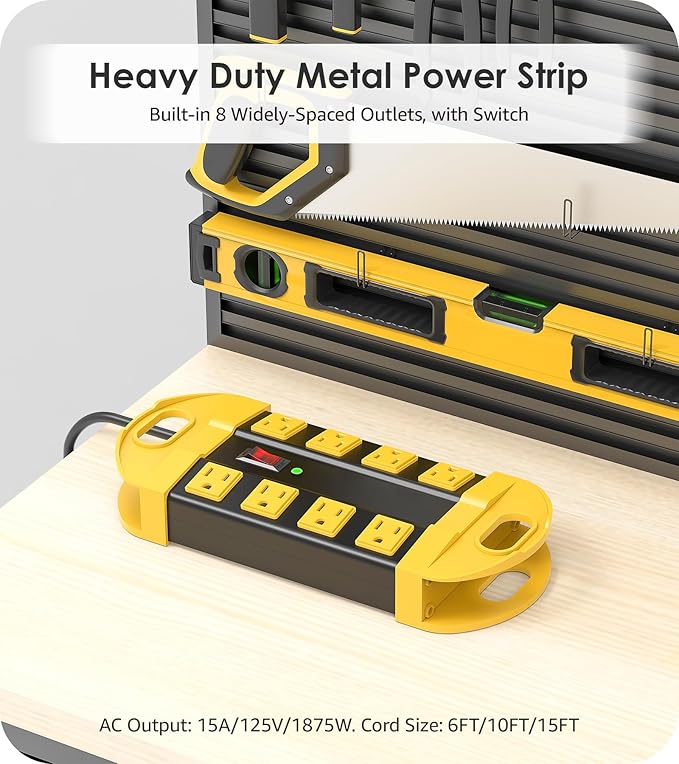 CCCEI Heavy Duty Power Strip Surge Protector, Metal 8 Outlets Power Strip for Appliance. Garage Shop Industrial Workbench 15 AMP Outlets Strip. 6FT Extension Cord, Yellow