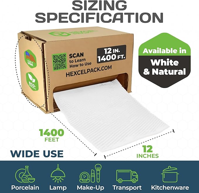 HexcelWrap Mini - Honeycomb Packing Paper, Eco-Friendly, Sustainable Paper Bubble Wrap for Shipping & Moving, Cushioned Packing Material in Easy Self-Dispenser Box - White, 12" x 1400'