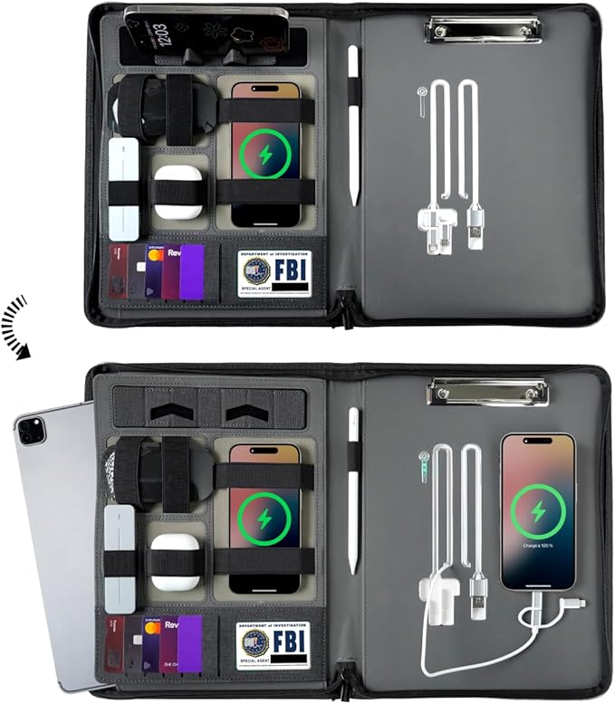 CARDSILK， Leather Zipper Portfolio Binder with Wired Charging, Clipboard – Business Organizer Padfolio folder with Built-in Power Bank, Tablet Slot, Zip Up Binder & portfolio clipboard for Women/Men