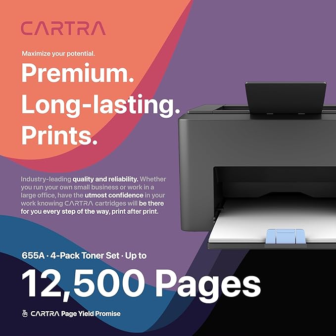 CARTRA 655A 4 Pack Toner Cartridge Replacement CF450A CF451A CF452A CF453A for HP Color Laserjet Enterprise M652n M652 M53dn M653x M653 MFP M681dh M682z Series Printer | Black Cyan Yellow Magenta.