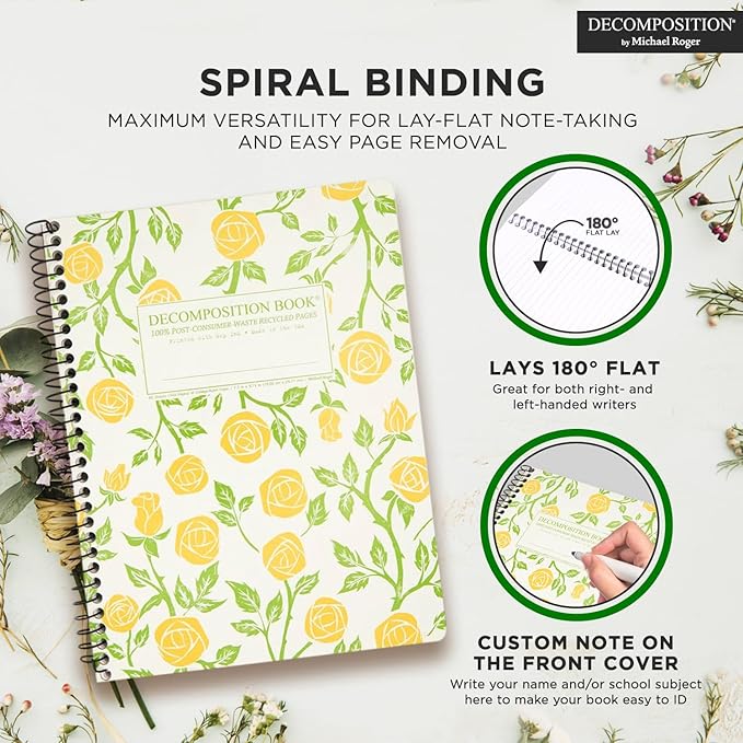 Decomposition Roses College Ruled Spiral Notebooks – 9.75 x 7.5 Journal with 160 Lined Pages – Cute Notebooks for School Supplies, Home & Office – 100% Recycled Paper – Made in USA