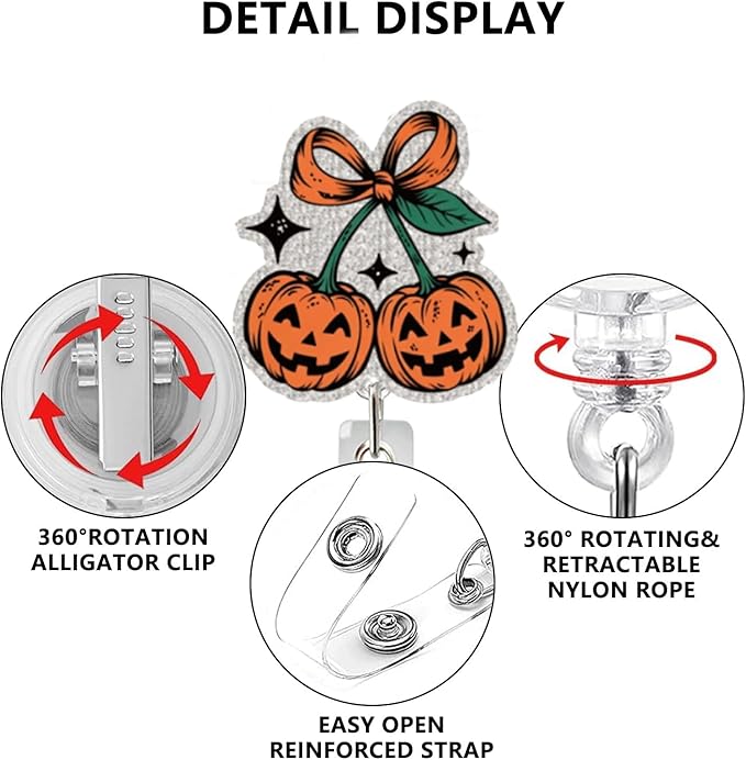 Halloween Cute Pumpkin Badge Reel Holder Retractable for Nurse Nursing Medical Worker & Teacher Pumpkin Bow Badge Reel with Alligator Clip & Durable Nylon Cord Acrylic Name Tag Card Badge Clip