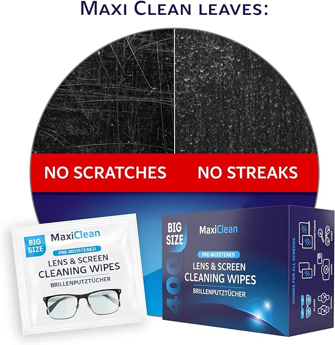 Glasses Wipes Lens Cleaner - Lens Wipes for Eyeglasses - 400 Pre-moistened Individually Wrapped Wipes for Eye Glasses, Electronics, Phone, Computer, Laptop Screen - Camera Lens Cleaner - Made in EU