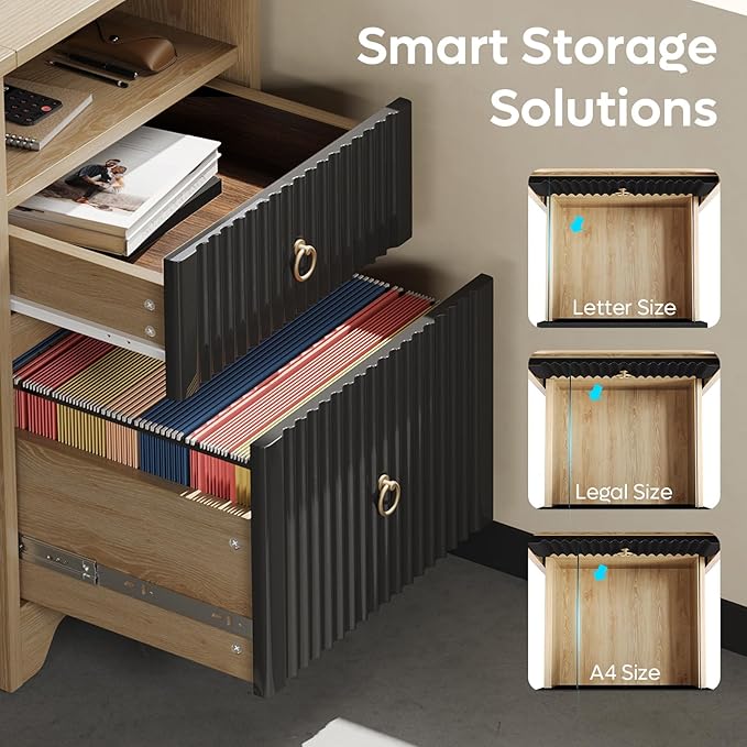 Bestier 55 Inch Computer Desk with Keyboard Tray, Modern Office Desk with Storage, Wood Writing Desk with File Drawer, Fluted Panel & 2 Hooks for Home Office & Studio, Natural Oak