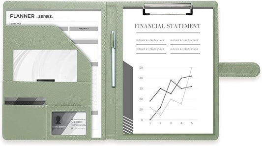 Clipboard Folder Padfolio, Mymazn Writing Portfolio Faux Leather Clipboards with Cover for Legal Pad Holder Letter Size A4 8.5 x 11 for Business Conference Notepad Clip Board (Sage)