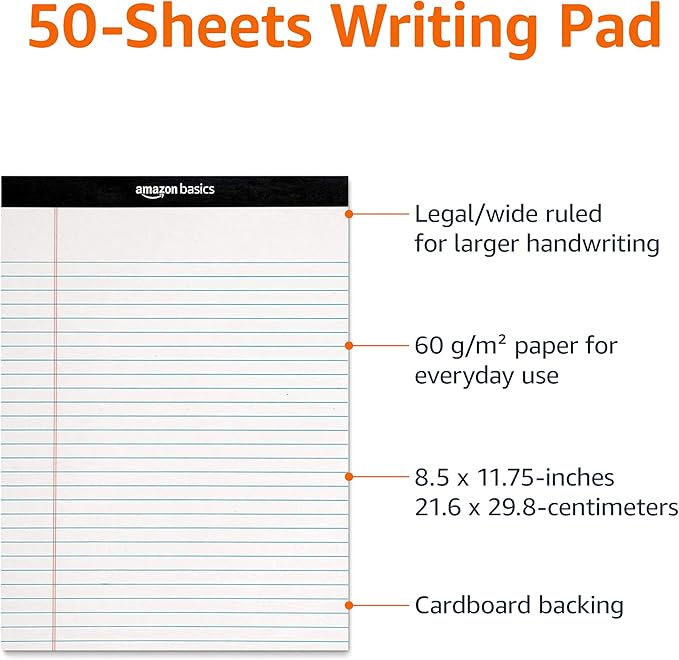 Amazon Basics Wide Ruled Lined Writing Note Pads, 8.5 inch x 11.75 inch, White, 12 Count (12 Pack of 50)