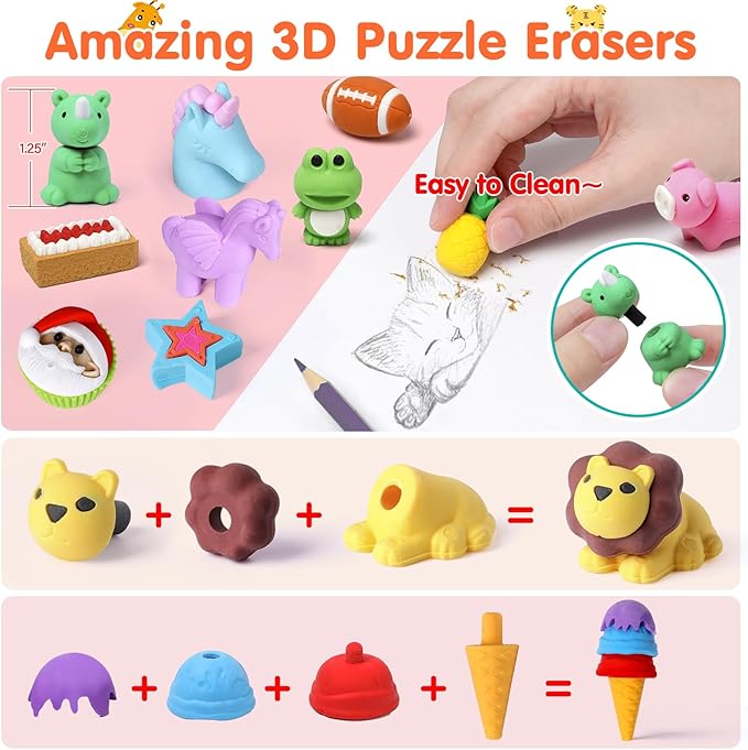 60 Pack Animal Pencil Erasers for Kids, 3D Mini Puzzle Take Apart Erasers, Desk Pets & Treasure Box Toys, Bulk Party Favors, Classroom Prizes, School Supplies, Gift for Boys & Girls