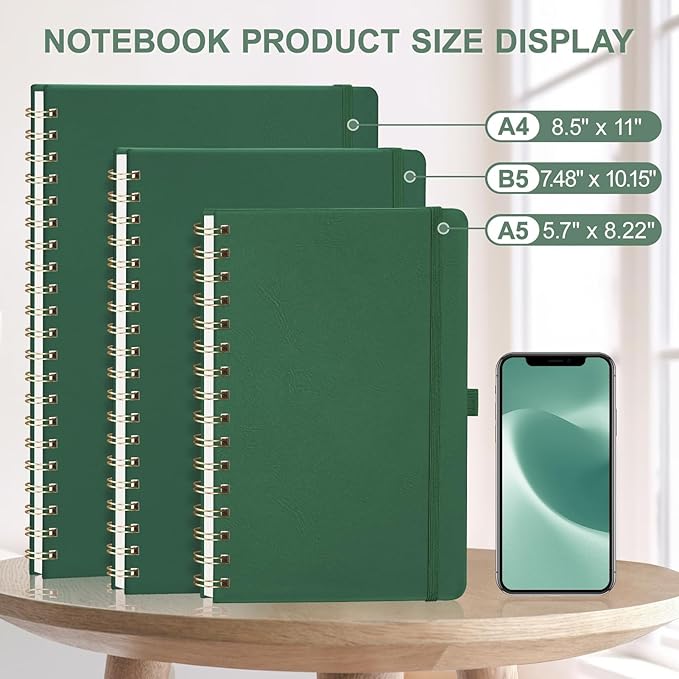 AHGXG Lined Spiral Notebook 8.5" x 11", A4 Large Notebooks for Women Men, Hardcover Leather Notebook College Ruled, 100 GSM Thick Paper, Notebooks for Work School Note Taking Writing, Green