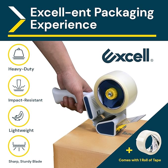 Excell Safeguard Packing Tape Dispenser with 1 Roll Transparent Tape, 2 Inch Wide Tape Gun with Pushflap Technology for Effortless Packaging, Box & Carton Sealing
