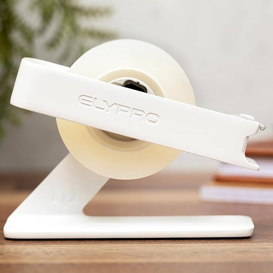 ELYPRO Modern Tape Dispenser for Office Desk - Elegant and Minimalist Design, Heavy Metal Made, Space-Saving, Perfect for Office & Home Use or as a Stylish Gift - Bonus Tape Roll Included (White)