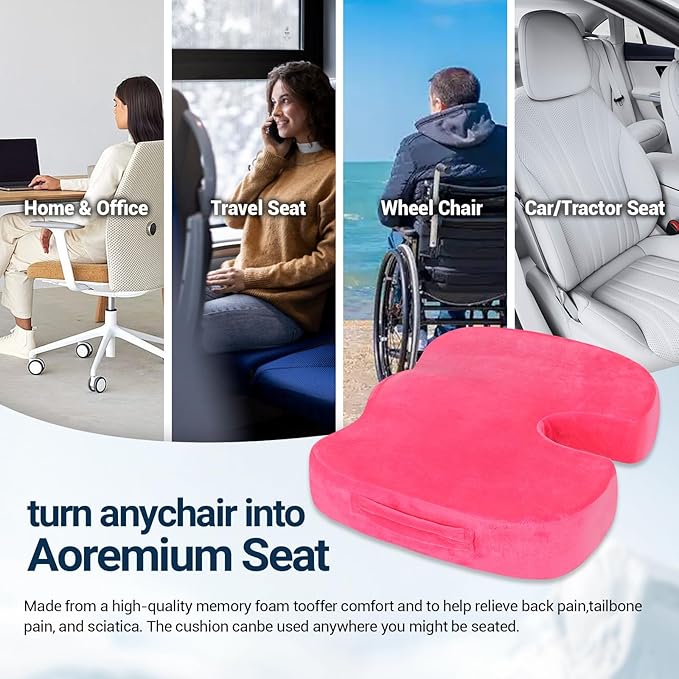Gel Seat Cushion for Car Office - Memory Foam Pain Relief Chair Pillow Cushions - Tailbone Sciatica Coccyx Butt Lumbar Support Pad for Sitting Driving Traveling, Velvet, Pink