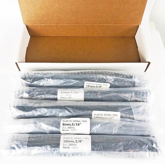 Binditek 60 Pack Plastic Spiral Binding Coils, Multi Size (8mm, 10mm, 11mm, 14mm, 16mm), 3:1 Pitch, 36-Loop, for Lettersize, for Students and Coworkers