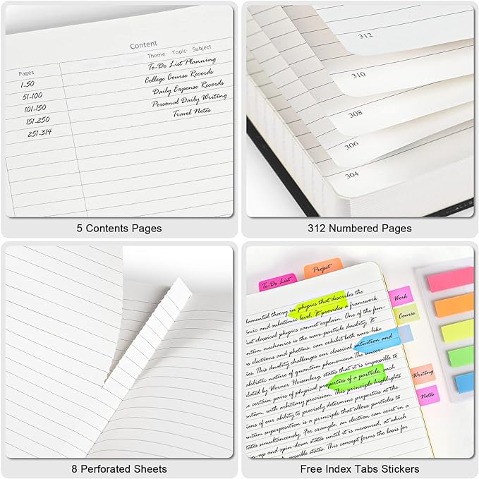 College Ruled Notebook, Large A4 Hardcover Leather Journal, 312 Numbered Pages Writing Journal, 100gsm No Bleed Paper, Lined Journal Notebook for Women Men School Office, 8.5''×11'', Black