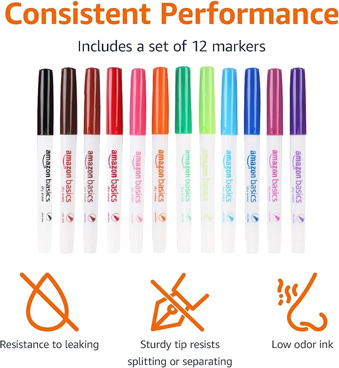 Amazon Basics Low Odor Ultra Fine Tip Dry Erase White Board Markers, Assorted Colors, 12-Pack