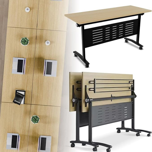 Folding Conference Room Table, Modern Conference Tables with Wheels, Large Rectangular Mobile Training Tables for Office Classroom, Foldable Modular Boardroom Seminar Table Maple (2pack L55.1in)