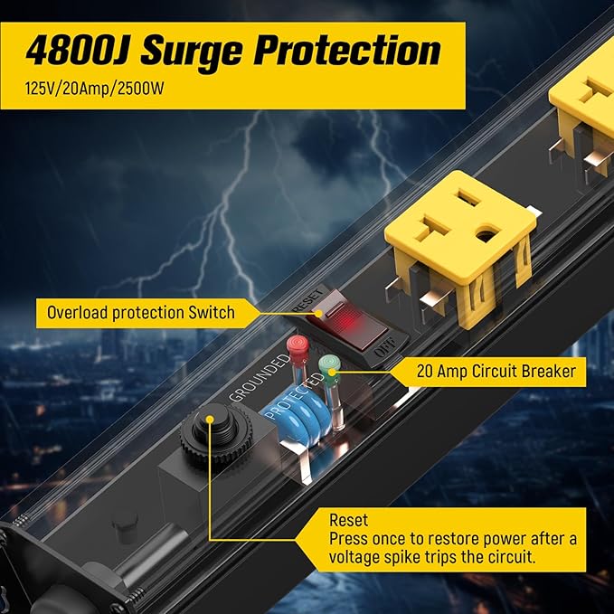 HHSOET 16 Outlet Long Power Strip, 10FT Heavy Duty Power Strip with 4800J Surge Protection, 20a Mountable Wide-Spaced Outlets for Home, Office, Garage & Workshop - ETL Certified