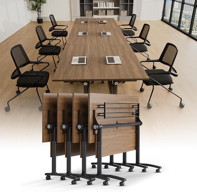 Conference Room Table with Silent Wheels, Mobile Folding Conference Table for 16 Person,Flip Top Office Training Tables with Walnuts Wood Tabletop, for School,Business Meeting Rooms (4 Pack 71in)