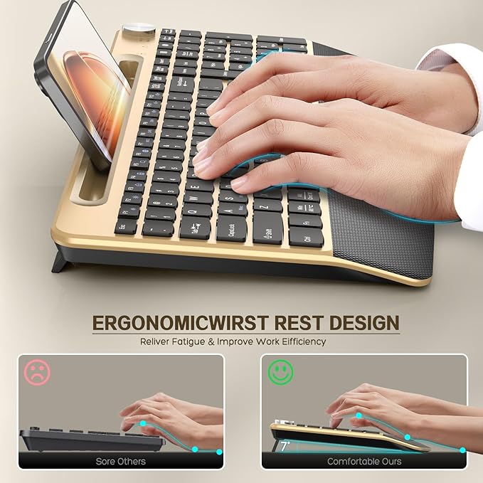 Ergonomic Wireless Keyboard and Mouse with Wrist Rest，Phone Holder - 2.4GHz Full-Sized Low-Profile Quiet Gold Wireless Mouse and Keyboard Combo for Computer, Laptop, PC, Mac-Gold