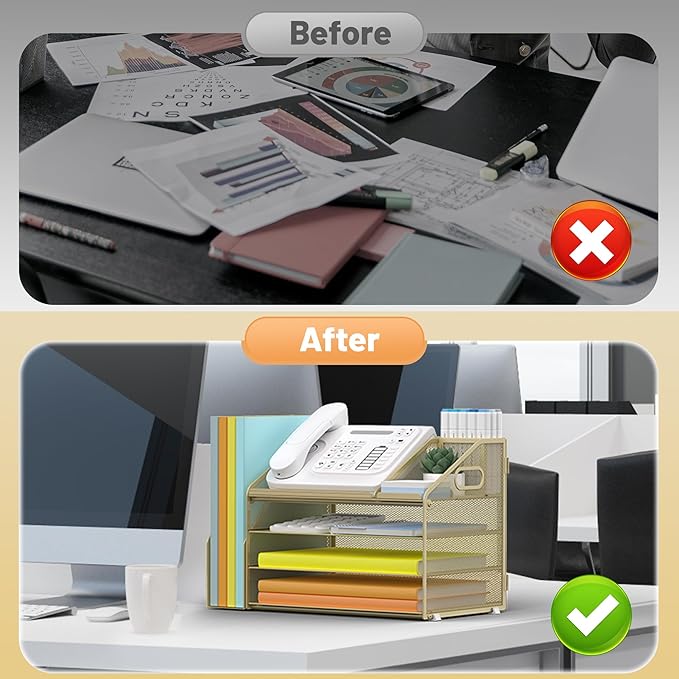 DocNest 4 Tier Paper Letter Tray File Organizer, Mesh Desk File with Handle, Workspace Desk Organizers with Pen Holder, Office Organization Storage Accessories - Gold Yellow