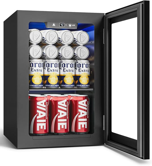 24 Cans Beverage Refrigerator Cooler - Mini Fridge with Glass Door, Soda Wine Beer Drink Fridge - Small Refrigerator for Office Home Bedroom Dorm Bar, Black