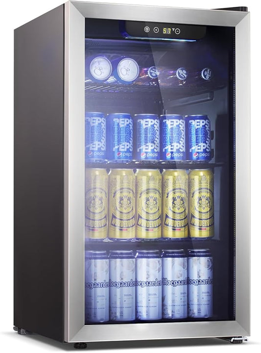 Antarctic Star Beverage Refrigerator -125 Can Mini Fridge for Soda Beer or Wine, Stainless steel door frame, for Office or Bar with Adjustable Removable Shelves, Black, 3.3 Cu.Ft