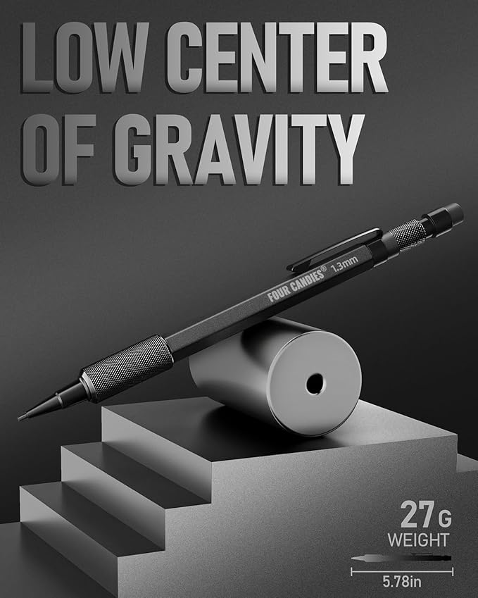 Four Candies 1.3mm Mechanical Pencil Set with 24 Lead Refills, Metal Weatherproof Heavy Duty Outdoor Carpenter Pencil, Eraser, 6 Eraser Refills for Architect Drafting Woodworking Marking with Case