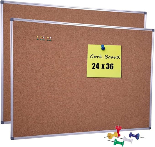 2-Pack 36 x 24 Inch Cork Board Bulletin Notice Board Message Memo Pin Board for Home Office School, Silver Aluminum Frame