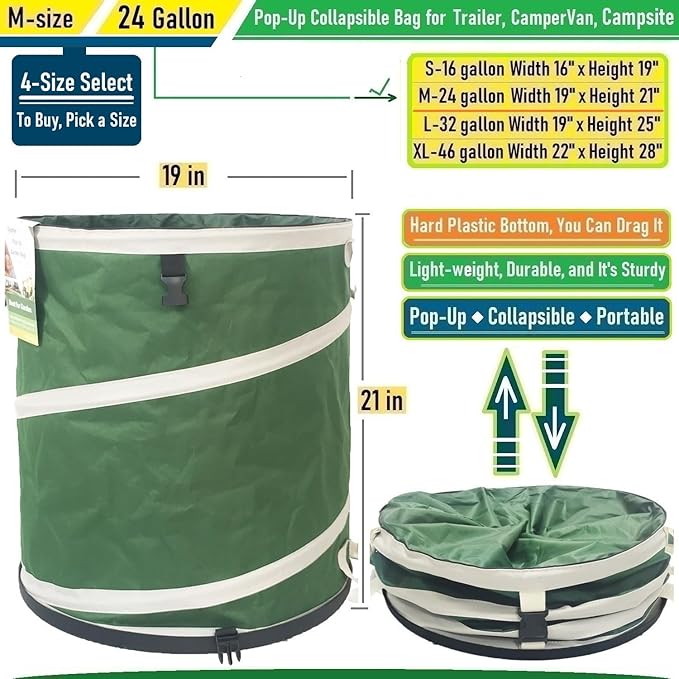 24-Gallon Collapsible Trash Can (19x21 in) Hard-Shell Bottom Yard Garden Bag for Yard Waste,Debris Bags,Pop-Up Trash Can,Recycling Bin,Camping Waste Bin,Laundry Hamper,Lawn Grass,Leaf Bag,Weeds Barrel