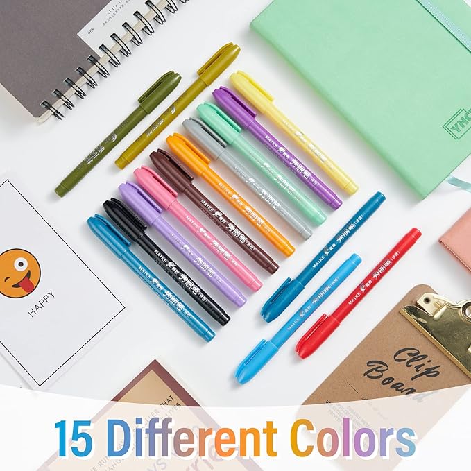 Felt Tip Pens, 15pcs Calligraphy pen Assorted Colors Sign Brush Pen Art Brush Marker Water Based Journaling Pen Set for Beginners Beginner Adult Lettering, Calligraphy (15pcs)