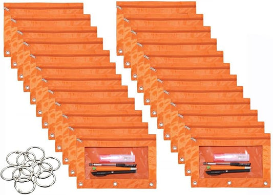 24 Packs 3 Ring Binder Pen Pencil Case Pouch Bulk Set Stationery Bag for School Class Office Orange