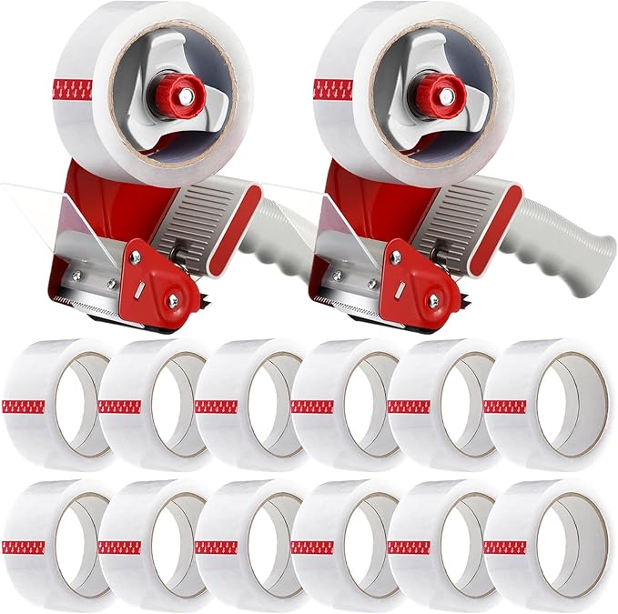2 Pack Packing Tape Dispenser Gun with 12 Roll Packing Tape 2 Inch Gun 2.7 Mil Heavy Duty Packaging for Shipping, Moving, Carton and Box Sealing(Red)