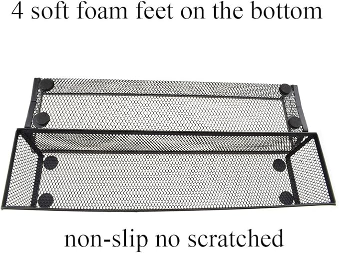 HAHIYO Stackable Mesh Tray Cup 12 x 3 x 2 inches Sturdy Container for Desk Drawer Organizer Collection for Home Office School kitchen Soft Foam Feet No Sharp Edges 2 Pack Black