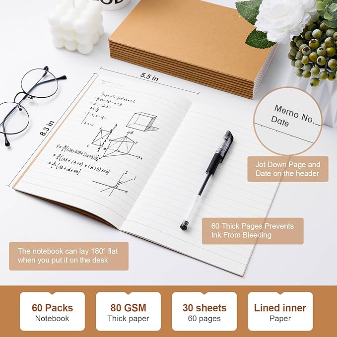 60 Pack Lined Kraft Notebooks Bulk, A5 Blank Paper Journal Notebooks for Office Work, 8.3x5.5inch Kraft Composition Notebook for School Student, 60 Pages