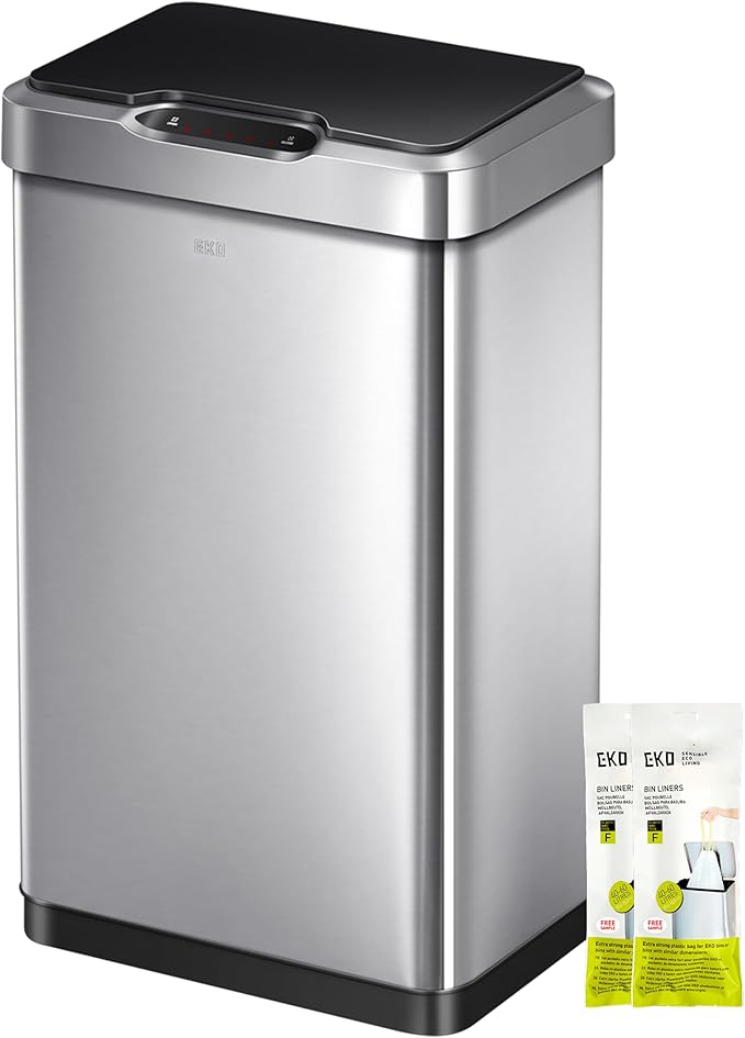 EKO Mirage-T 50 Liter / 13.2 Gallon Touchless Rectangular Motion Sensor Trash Can, Brushed Stainless Steel Finish