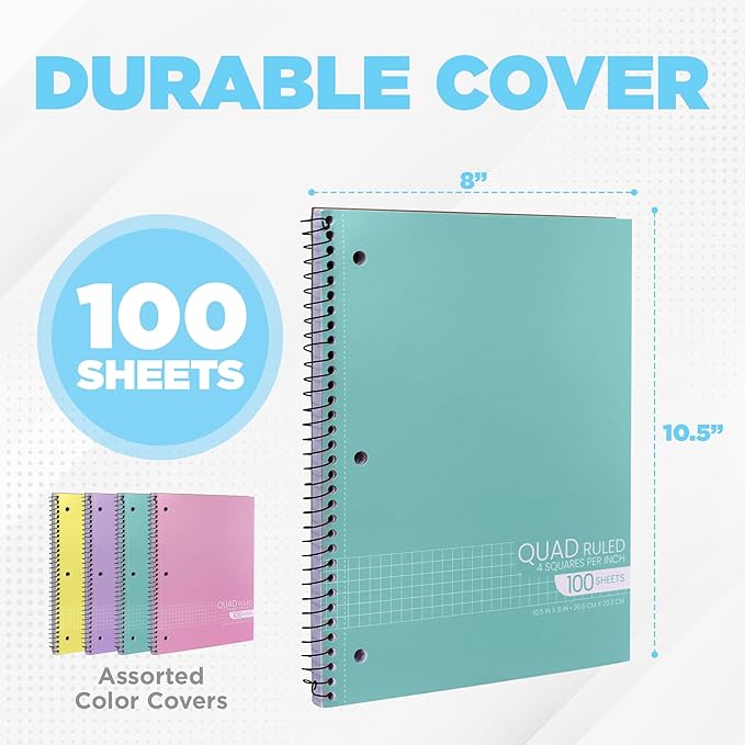 Graph Paper Spiral Notebook - Graph Paper Notebook, Quad Ruled Grid Notebooks, Perforated Pages - 10.5 X 8 Inches - 1 Subject Wirebound Notebook - Assorted Colors - 100 Sheets per Book - (12 Pack)