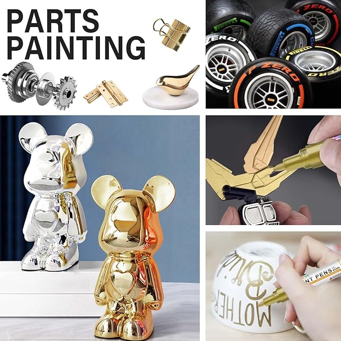 Betem Oil Based Paint Markers, Dual Tip Paint Pens(0.7mm & 3mm), Gold Silver Permanent Paint Marker Pen, Waterproof, Quick Dry, for Fabric, Rock Painting, Wood, Plastic, Metal, Canvas (2Gold2Silver)