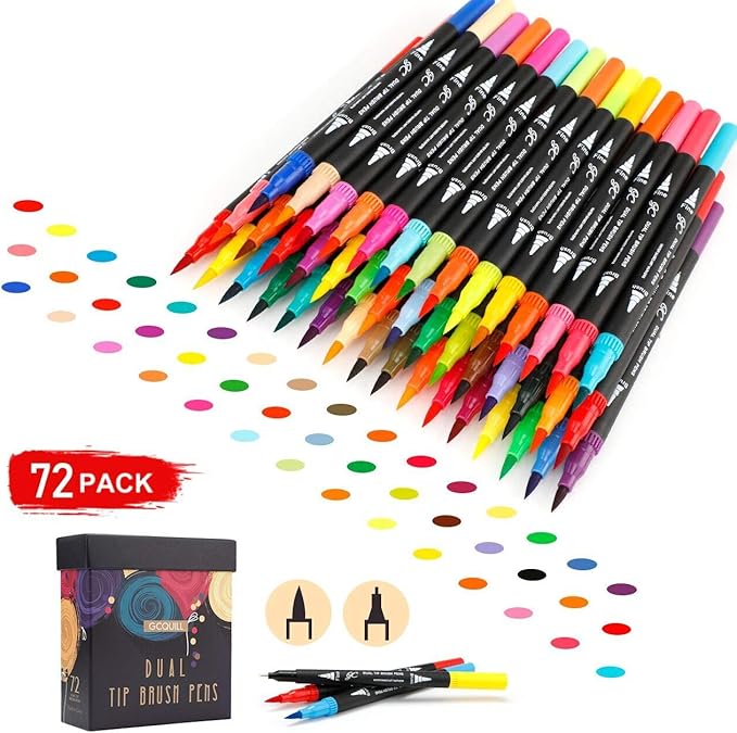 GC 72 Colors Dual Tip Brush Pens Highlighter 72 Art Markers 0.4mm Fine liners & Brush Tip Watercolor Pen Set for Adult and kids Coloring Books, Calligraphy, Hand Lettering, Note Taking