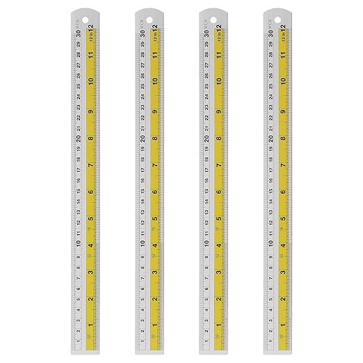 HARFINGTON 4pcs Metal Straight Ruler 30cm Metric SAE Aluminum Alloy Measuring Rulers Scale Tool with Hole for Measure Study Reading Classroom Office, Yellow