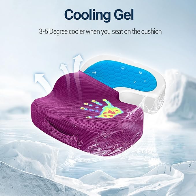 Gel Seat Cushion for Car Office - Memory Foam Pain Relief Chair Pillow Cushions - Tailbone Sciatica Coccyx Butt Lumbar Support Pad for Sitting Driving Traveling, Mesh, Purple