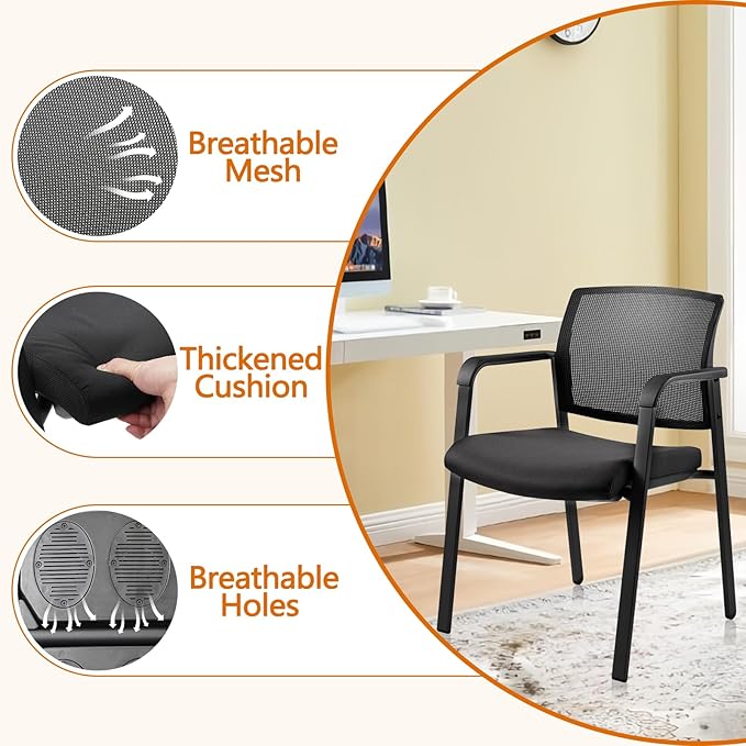 CLATINA Mesh Back Stacking Arm Chairs with Upholstered Fabric Seat and Ergonomic Lumber Support for Office School Church Guest Reception Black