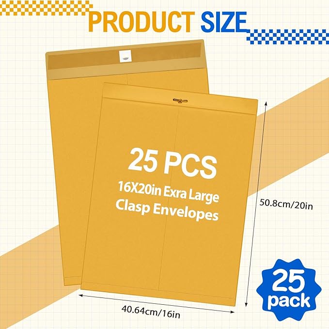 25 Pcs Clasp Envelope 16 x 20 Inch Large Manilla Envelopes with Clasp Closure for Mailing Thick Documents Home, Business, Legal or School Office Storing (Golden)