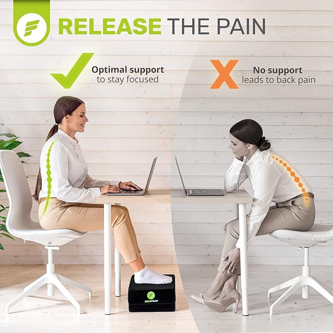 ErgoFoam Flat-Top Adjustable Foot Rest - High-Density Compression-Resistant Foam, Non-Slip, Black, Modern, Office