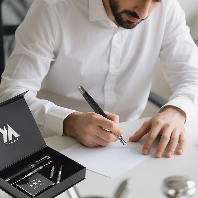 Fancy Fountain Pen Set – Fine & Medium Nibs, Includes 18 Ink Cartridges, Ink Converter, Syringe Filler, Luxury Gift for Writing, Journaling & Calligraphy，Black
