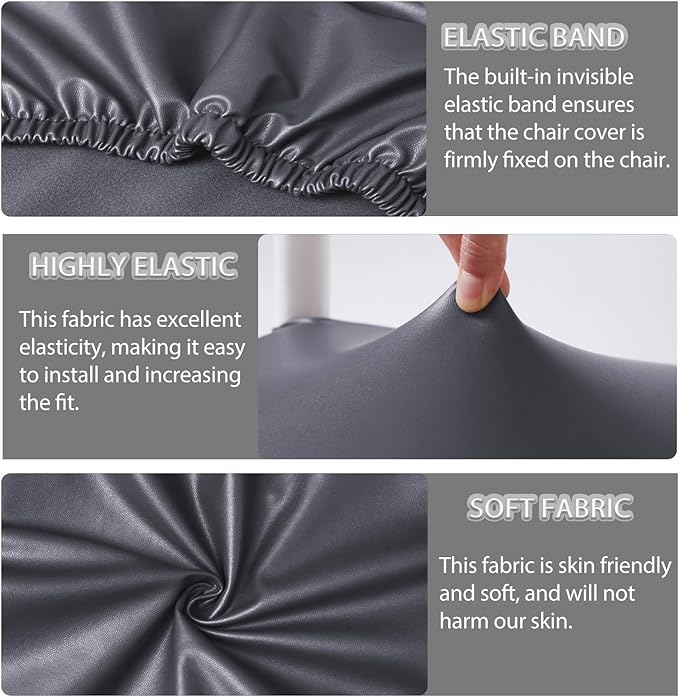 CWK Waterproof PU Leather Dining Chair Covers Set of 6 - Stretchable Chair Seat Slipcovers, Removable & Washable Protector for Dining Room,Home,Office,Wedding,Rear Covers (PU-Grey)