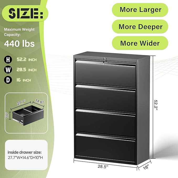 Crownland Lateral File Cabinet with 4 Drawers, 28" W Metal Lockable Office File Cabinets for Home Office- Stores Letter/Legal/A4/F4 Files(Black)