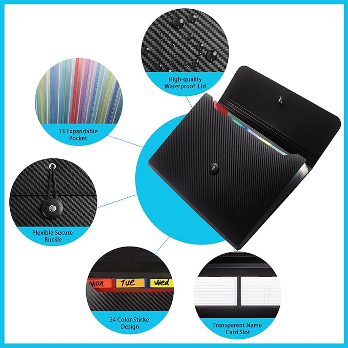 Expanding File Folder with 13 Pockets - Accordion Filing Folder for Documents - Aesthetic Black Paper Organizer for Work, School, Home, Office