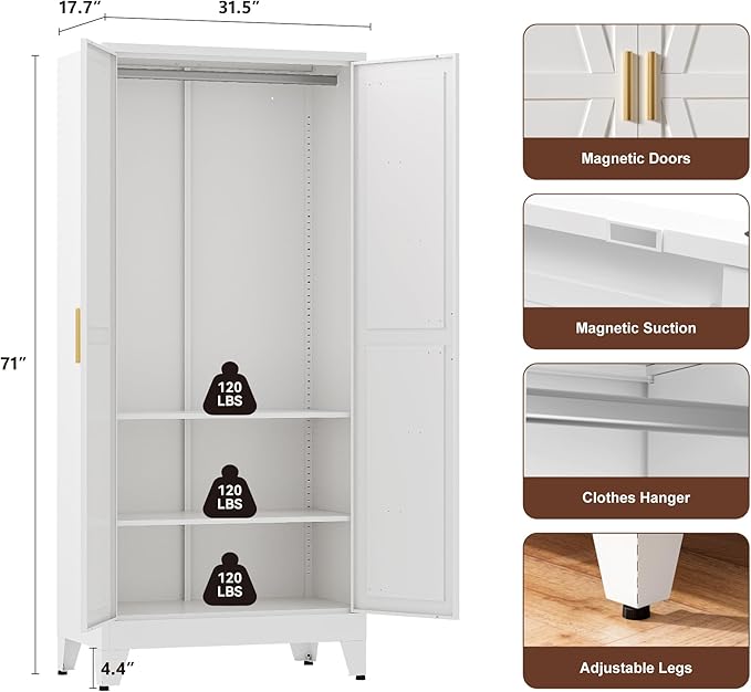 Farmhouse Wardrobe Cabinet,Metal Wardrobe Closet with Hanging Rod,Metal Armoire with Adjustable Shelves for Bedroom,Living Room, Cloak Room,Office (White)
