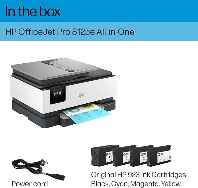 HP OfficeJet Pro 8125e Wireless All-in-One Color Inkjet Printer, Print, scan, Copy, ADF, Duplex Printing, Home & Office, 3 Months of Instant Ink Included (405T6A)